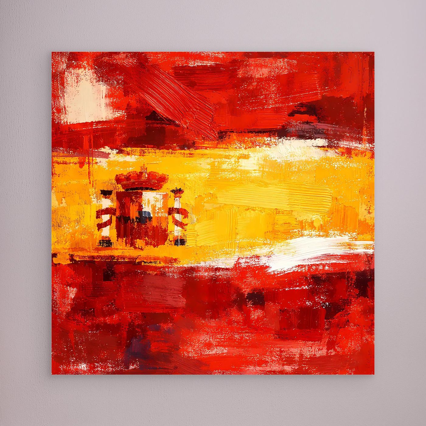 Abstract canvas wall art with red and yellow brushstroke flag design, square