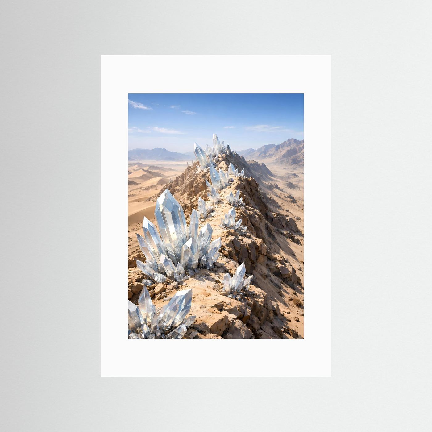 Hochformatiges Kristall-Desert-Poster im weißen Passepartout, silberne Kristalle