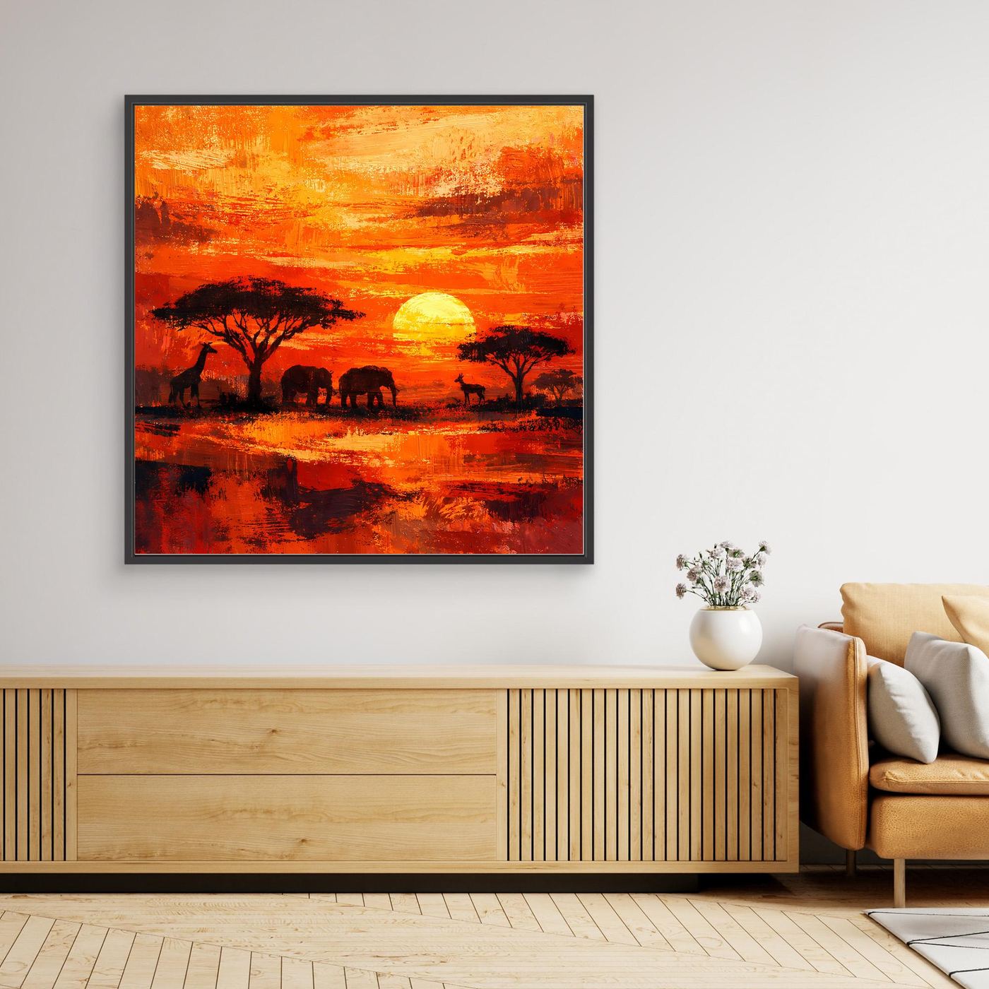 Leinwand Afrikanische Savanne bei Sonnenuntergang | Modernes Elefanten & Giraffen Wandbild