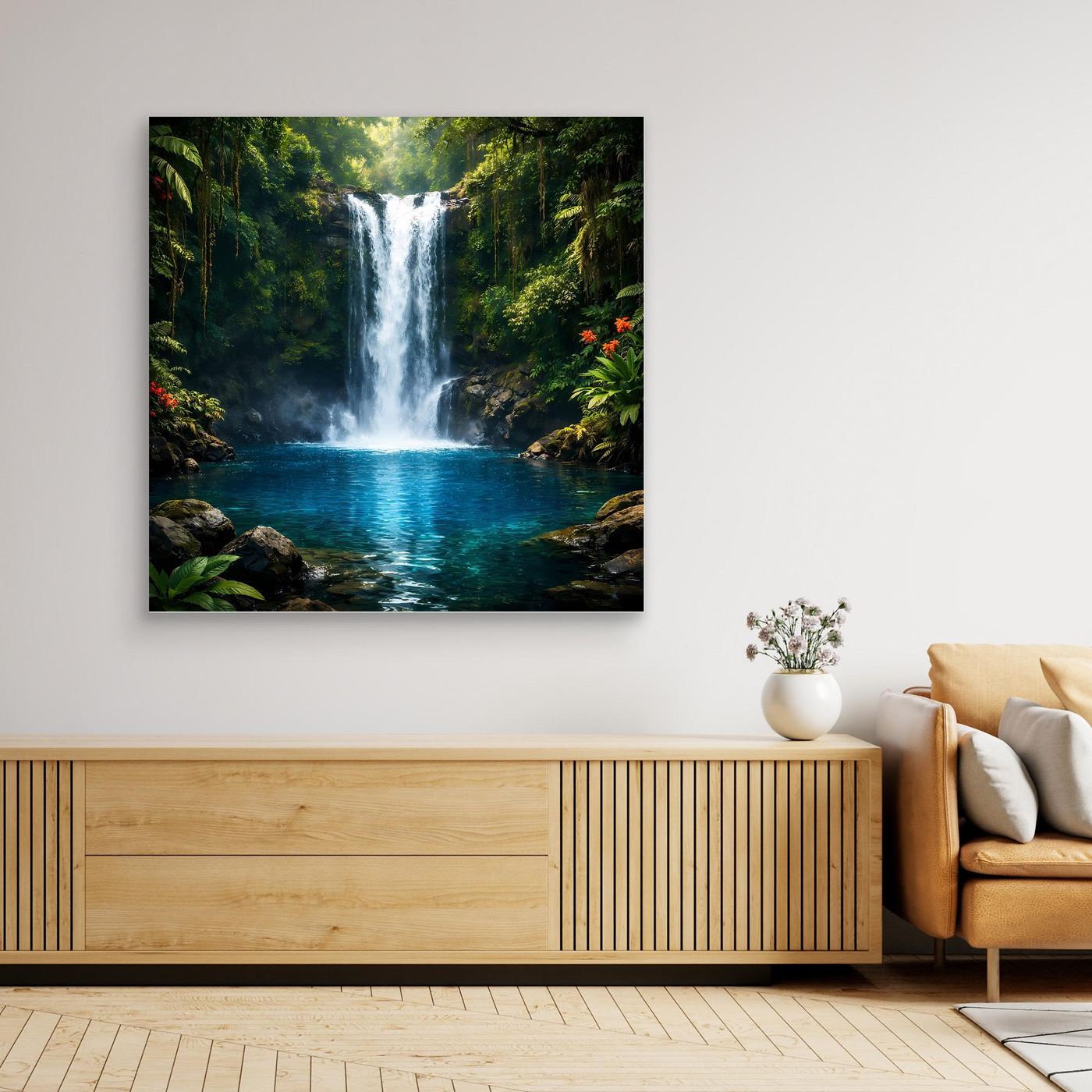 Leinwandbild mit Wasserfall im Dschungel, dunkler Rahmen