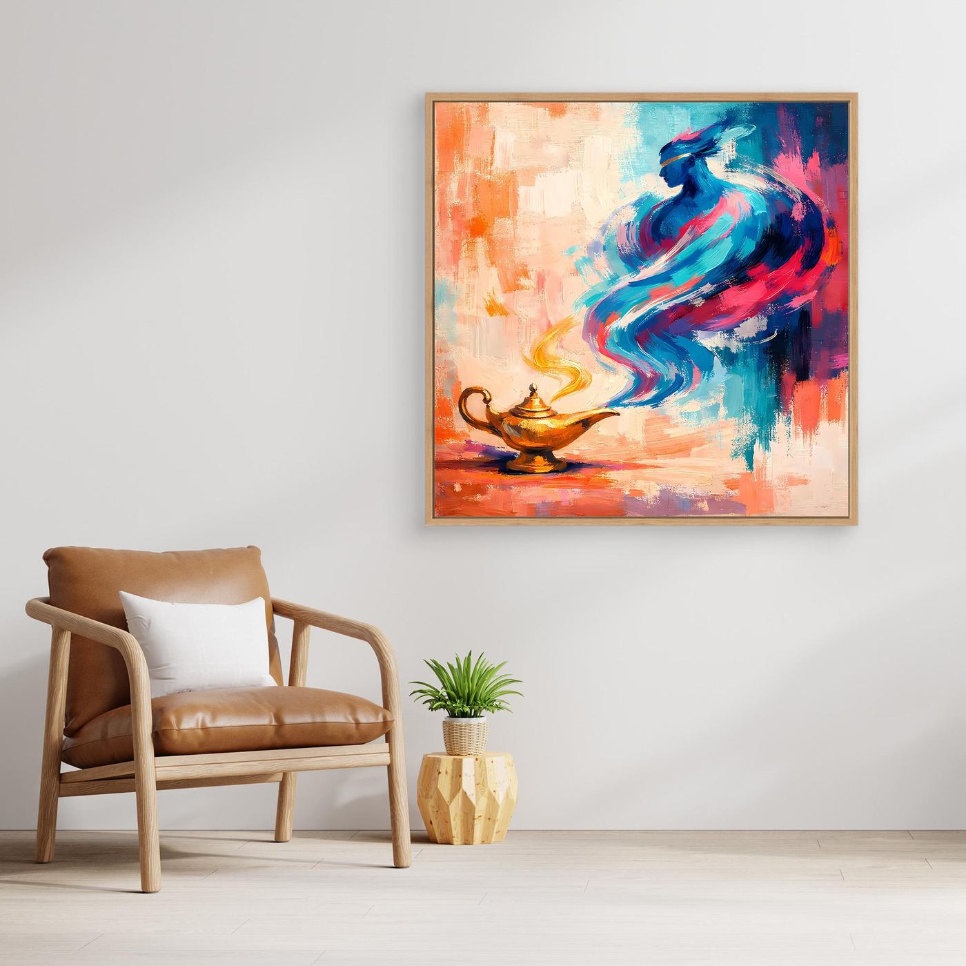 Abstraktes Leinwandbild mit Flaschengeist, blau-pinke Formen und goldene Lampe