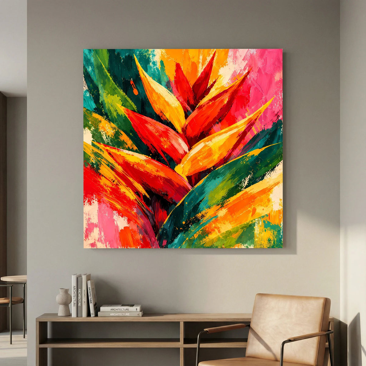 Leinwand Abstrakte Helikonie Blüte | Modernes Tropen Wandbild Bunt Exotisch