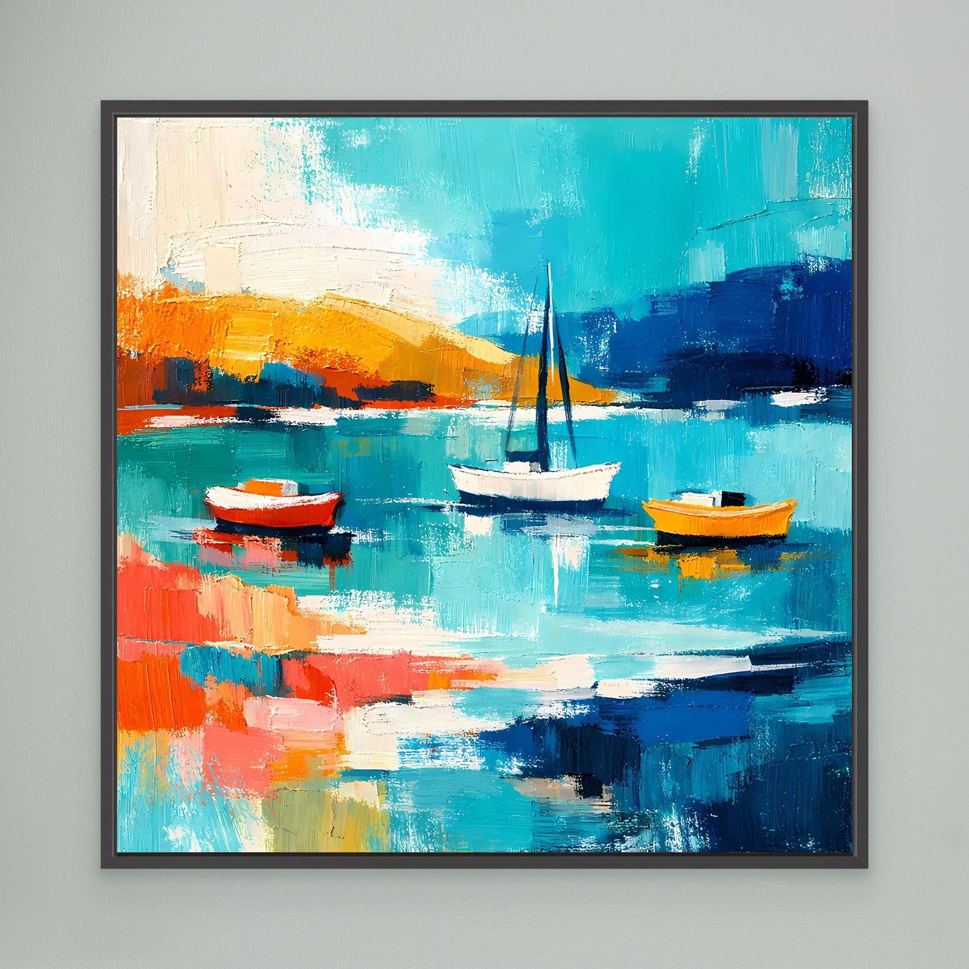 Framed abstract sailboat wall art with teal water, orange rowboats, dark blue hills