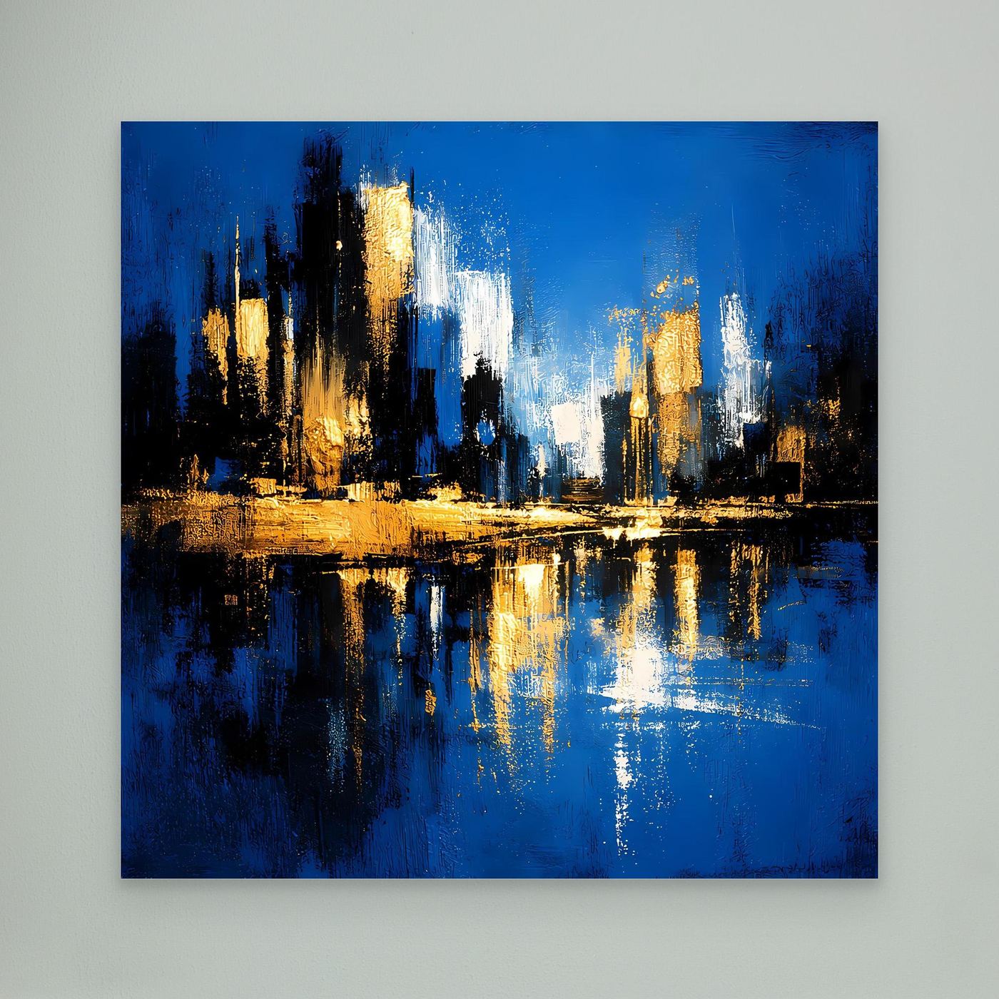 Leinwand Abstrakte Skyline in Blau und Gold | Modernes Großstadt Wandbild mit Spiegelung
