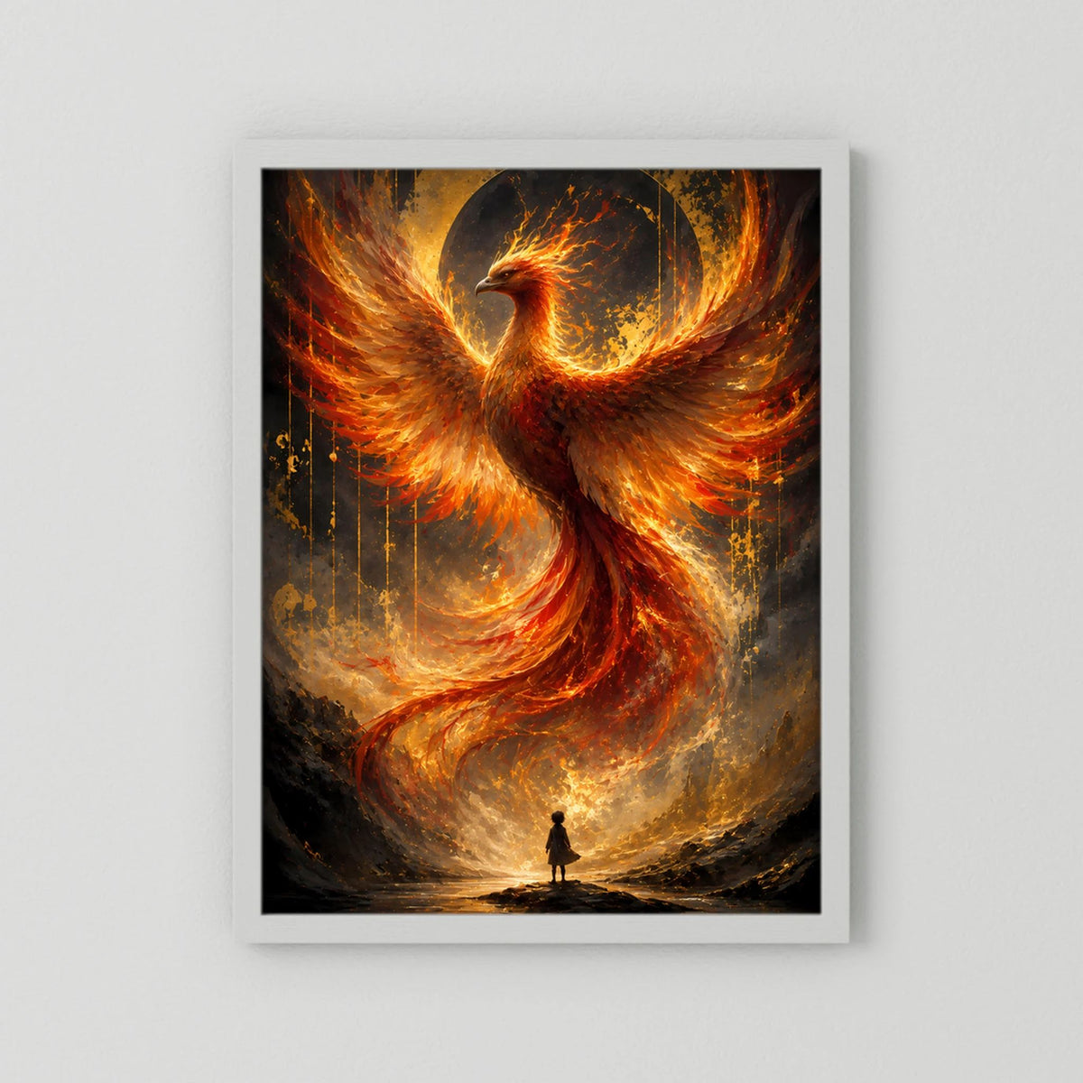 Hochformatiges Poster mit gold-orange Phönix aus Feuer, weißer Rahmen