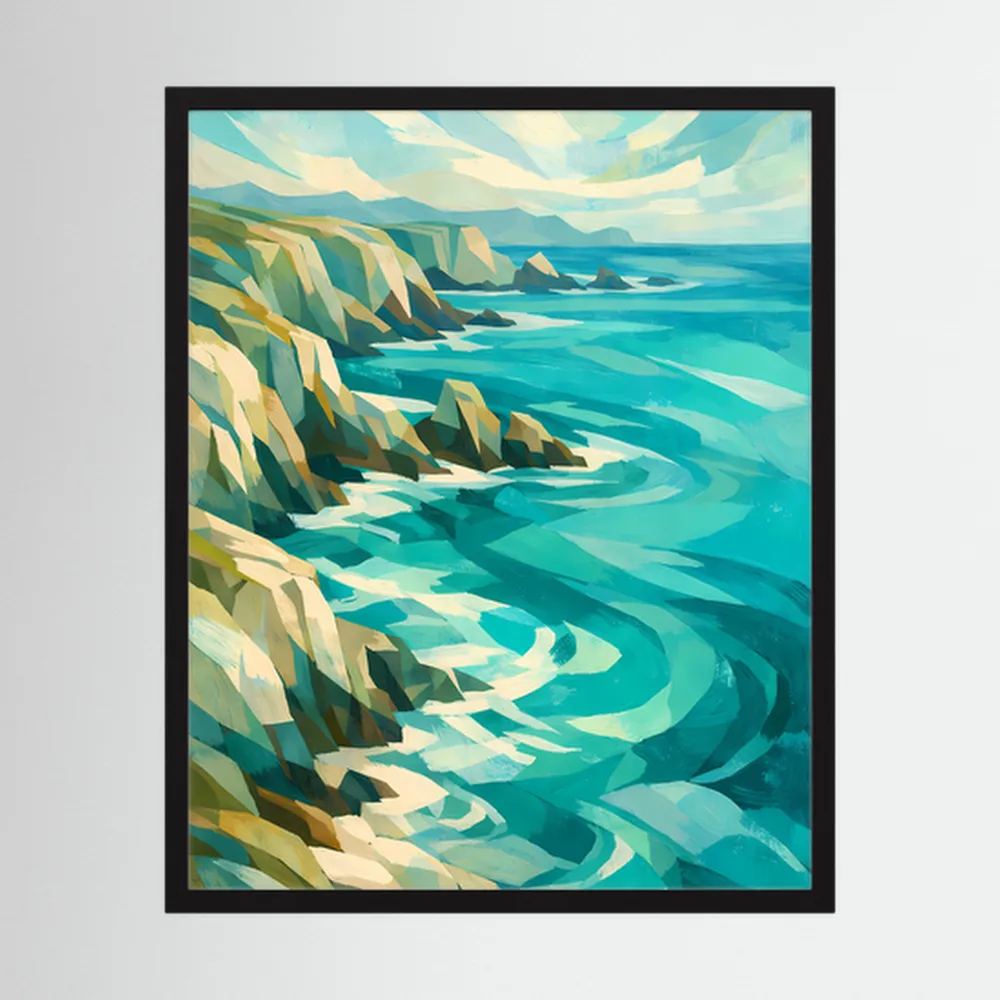 Poster Hochformat mit türkisfarbenem Meer, Felsen, abstraktem Stil und schwarzem Rahmen