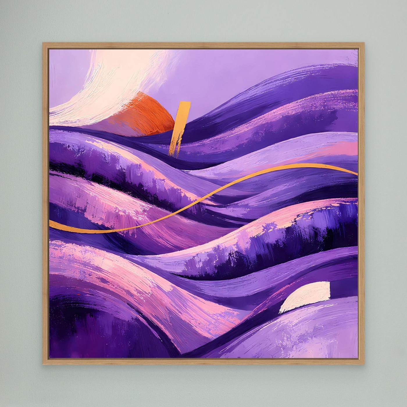Leinwandbild Wellental in Violett mit Goldlinie und orangefarbener Akzentspur, Eichenrahmen