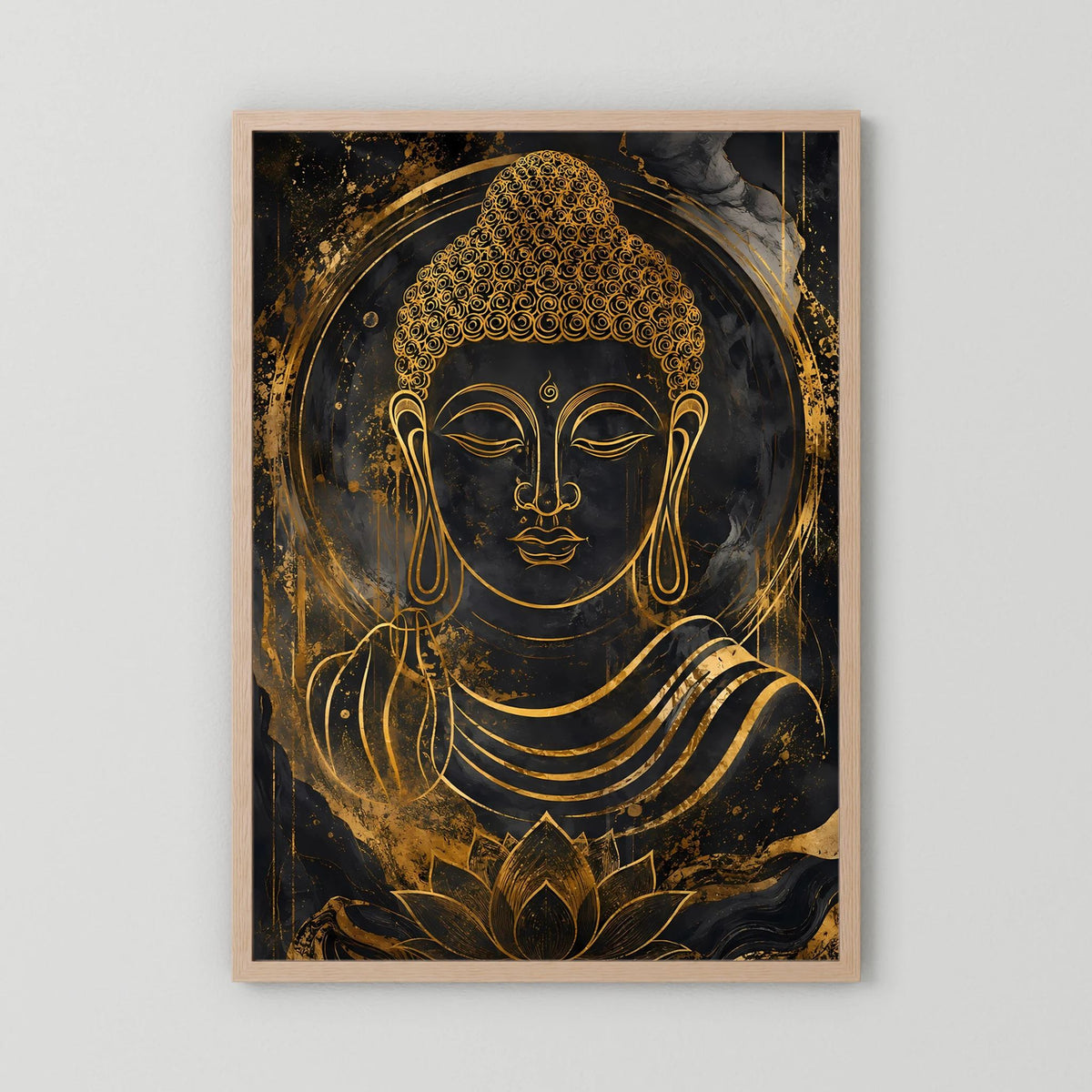 Buddha-Poster Hochformat mit goldener Buddha-Silhouette und Lotusmotiv im hellen Holzrahmen