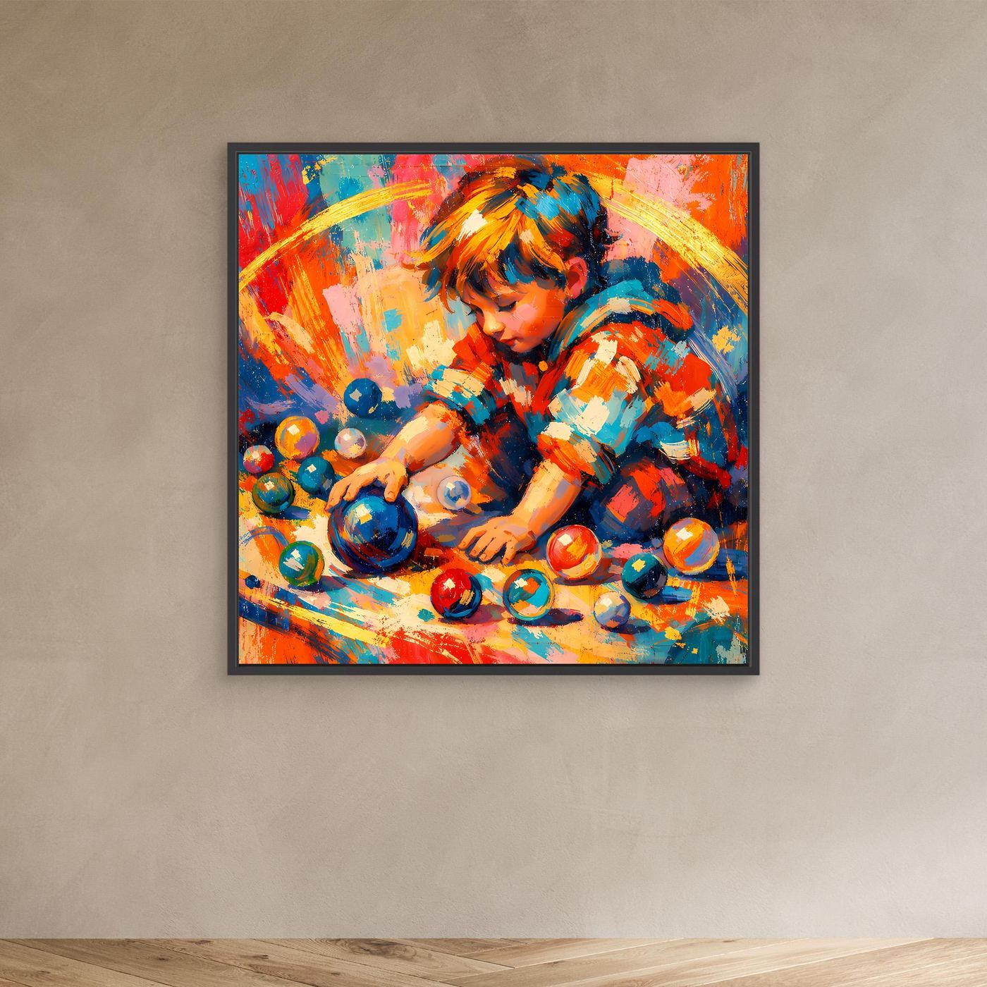 Leinwandbild Spielendes Kind mit bunten Kugeln, abstraktes Portrait, mit schwarzem Rahmen