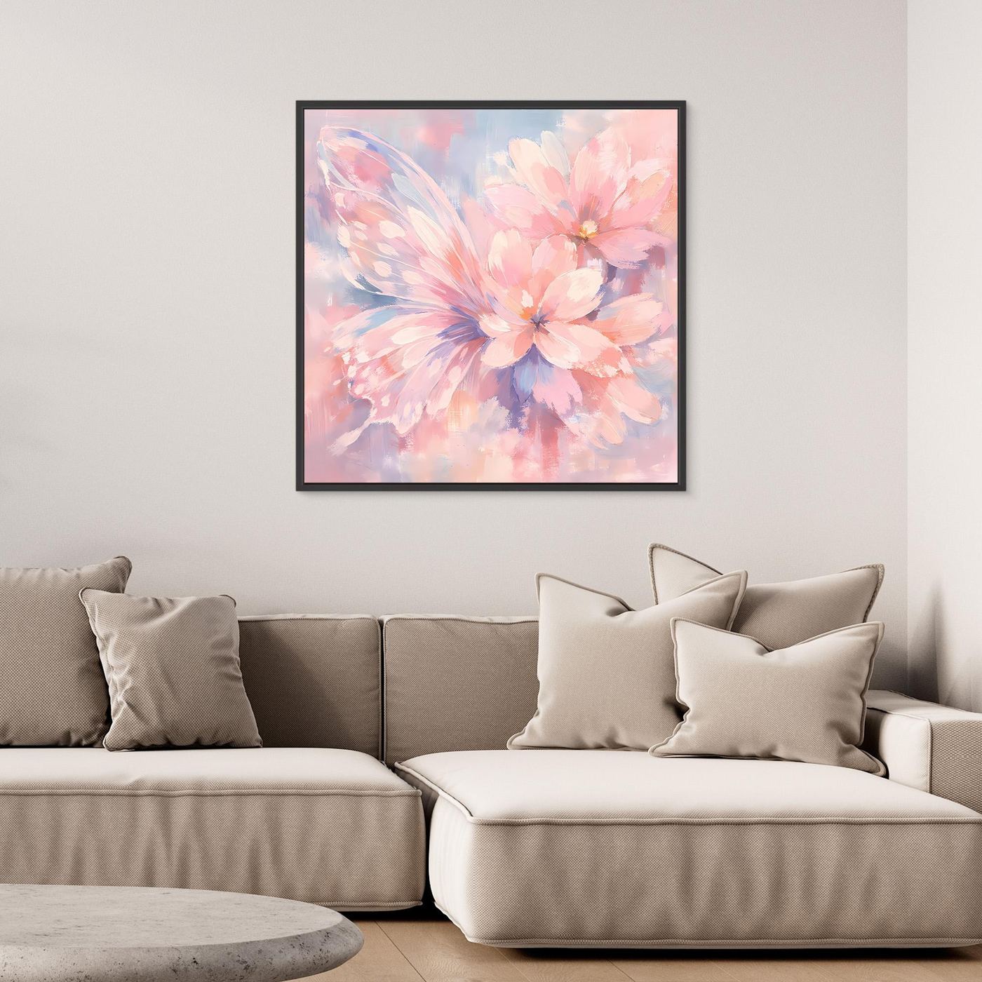 Leinwandbild mit Schmetterlingsblüte in Pastell, schwarz gerahmt