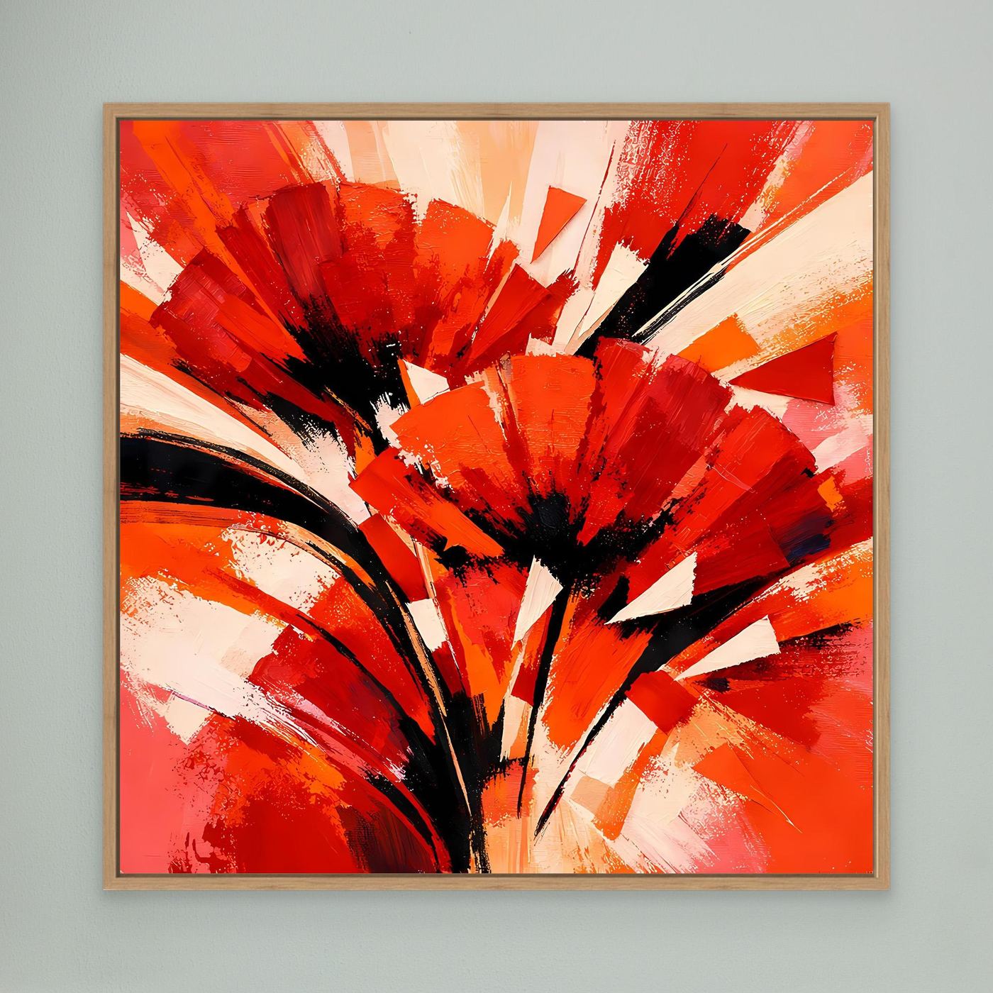 Abstraktes Leinwandbild mit Mohnblüten in Rot/Orange, im hellen Holzrahmen