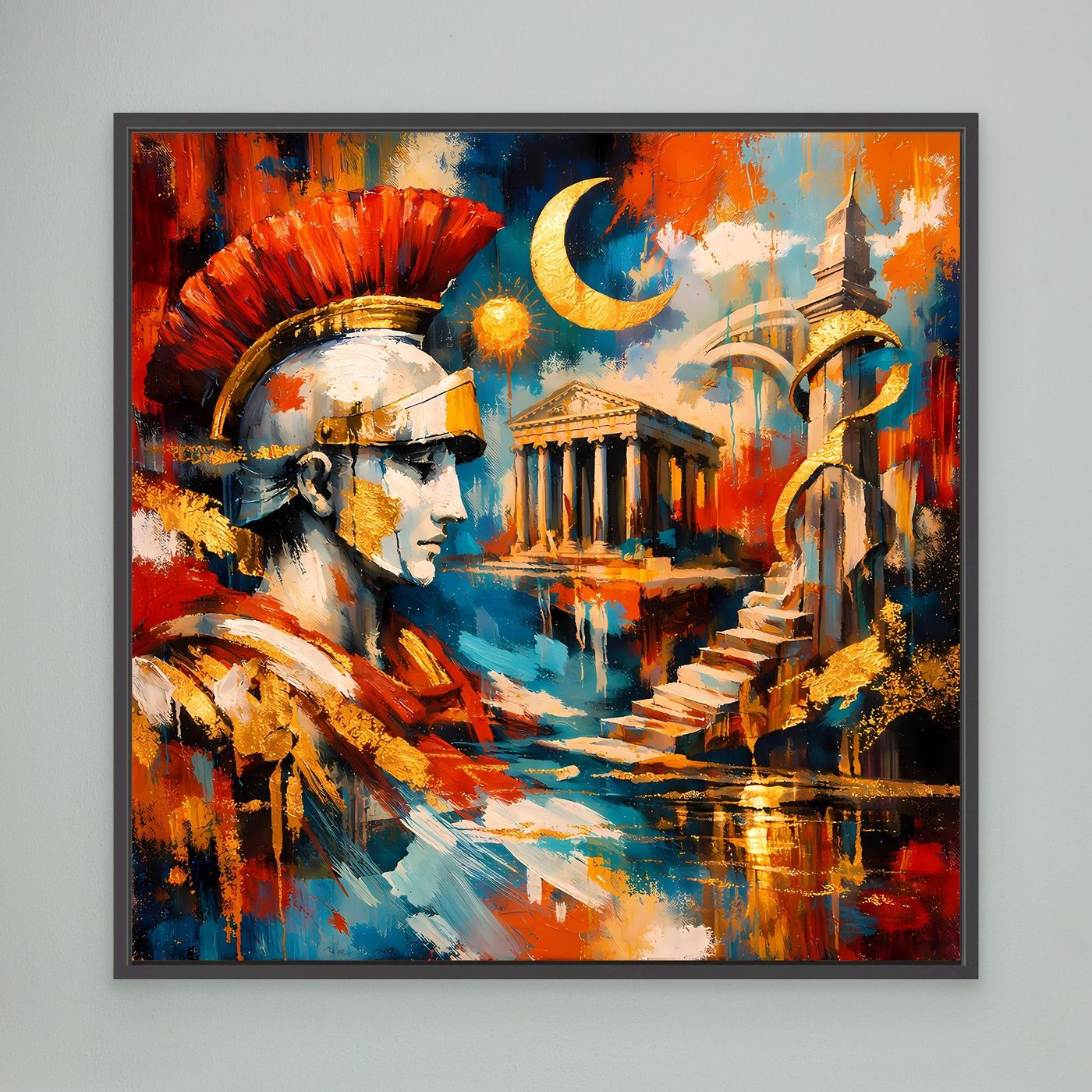 Gerahmtes Leinwandbild mit römischem Zenturio, abstrakt in Rot, Blau und Gold