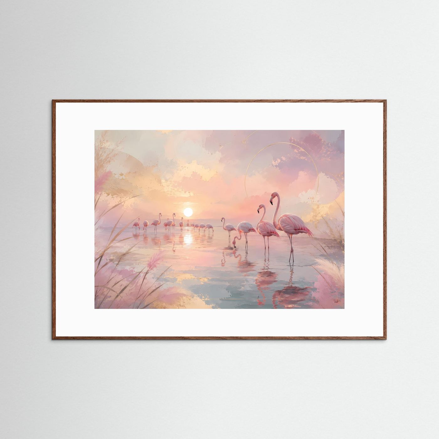 Flamingos im Sonnenuntergang | Pastell Wandbild mit Rosa Flamingos | Abstrakte Küstenlandschaft | Modernes Leinwandbild | Premium Poster