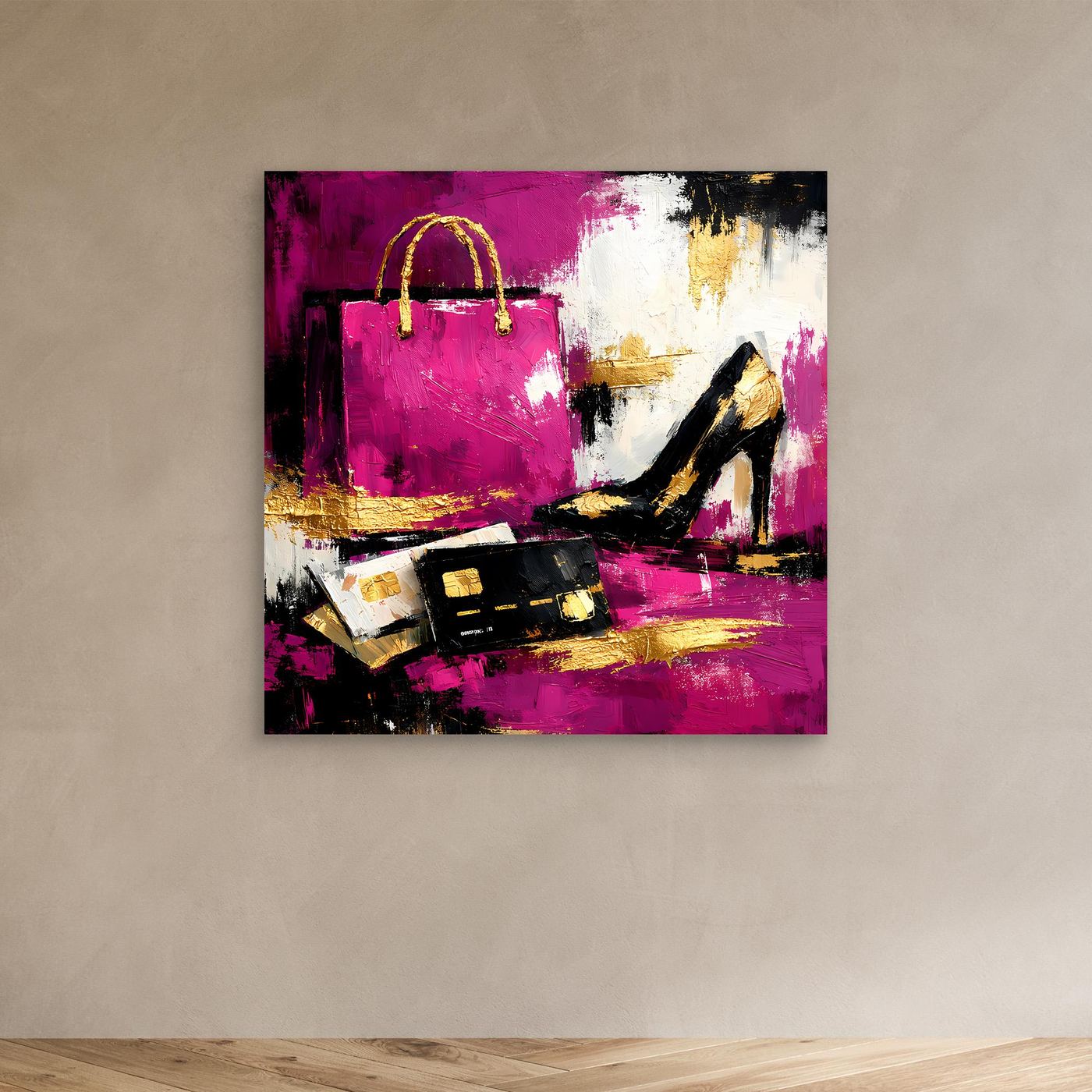 Leinwand Abstraktes Fashion Wandbild in Pink und Gold | Modernes High Heels & Shopping Gemälde