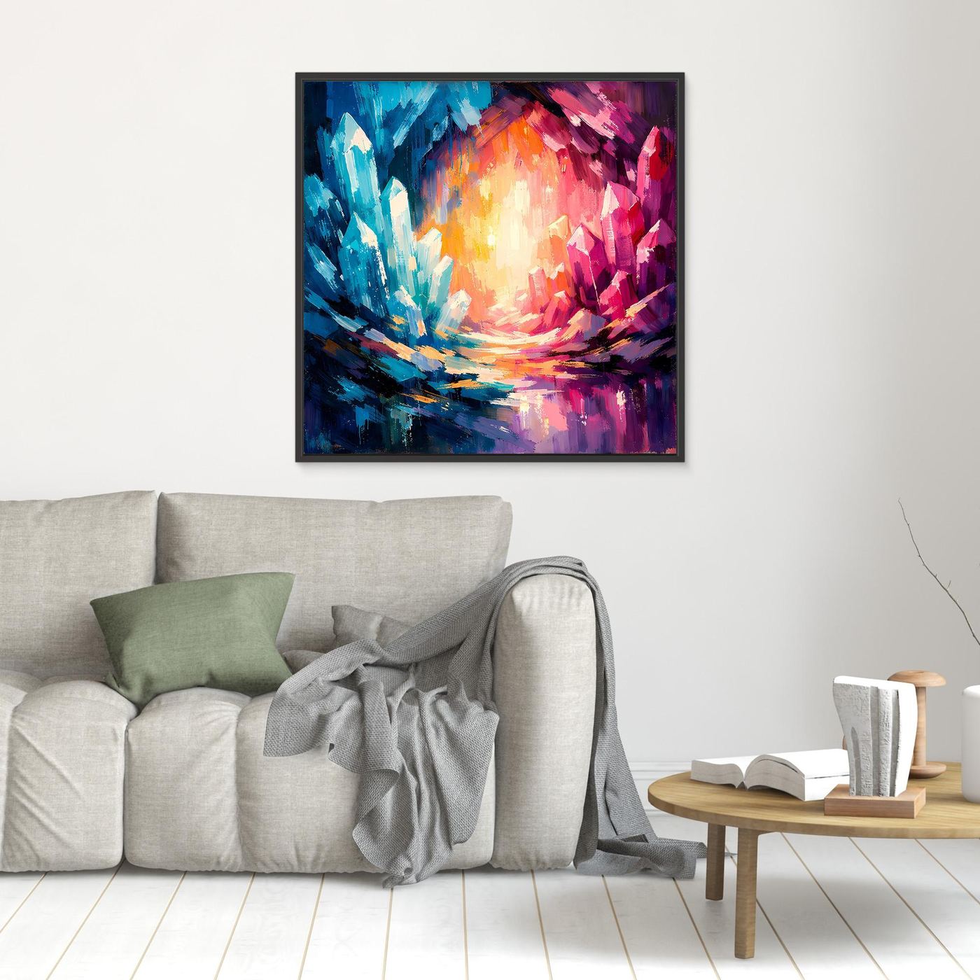 Abstract crystal canvas wall art, small square; blue and pink mineral strokes; black frame