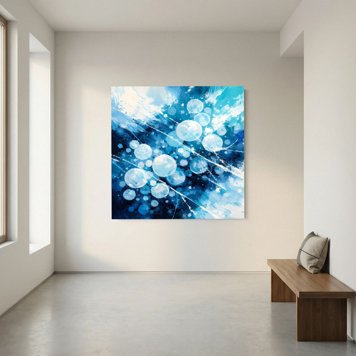 Abstraktes Leinwand-Wandbild mit blauen Eiskreisen und hellen Spritzern