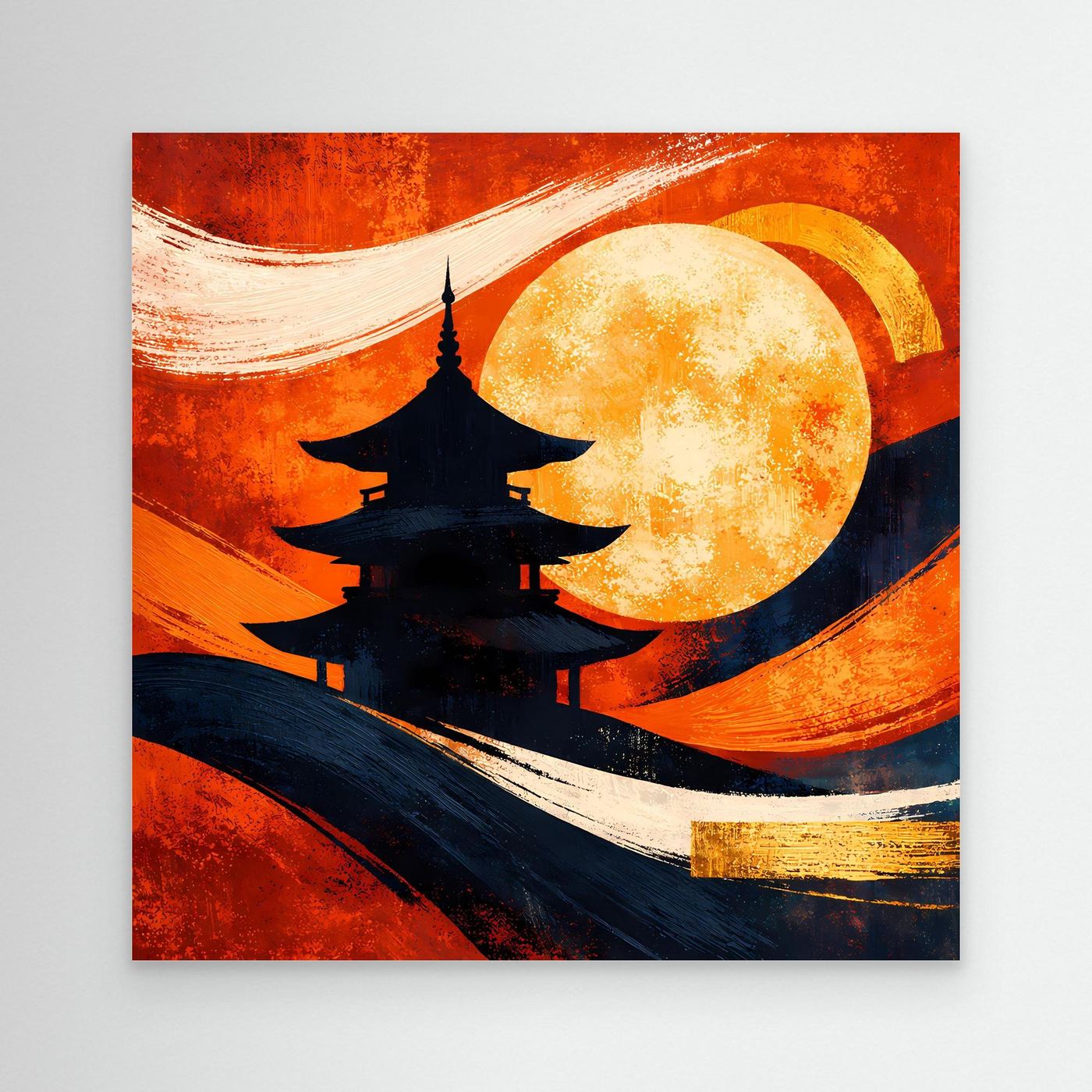 Leinwandbild mit japanischer Pagode-Silhouette und Vollmond, abstrakt in Rot-Orange und Blau