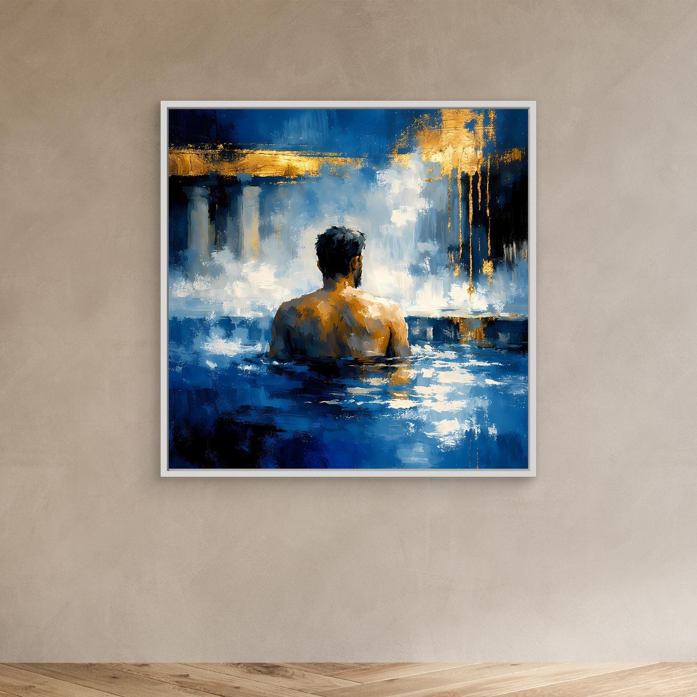 Leinwand-Wandbild mit weißem Rahmen: Rückenfigur im Bad, abstrakte Blau-Gold-Textur
