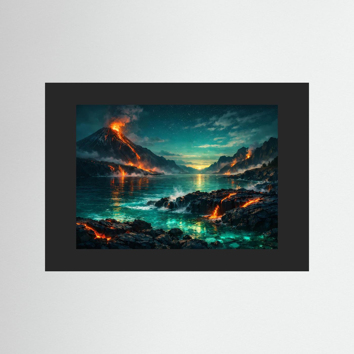 Gerahmtes Wandbild Vulkanlandschaft am Meer mit glühender Lava und Feuerschein, schwarzer Rahmen