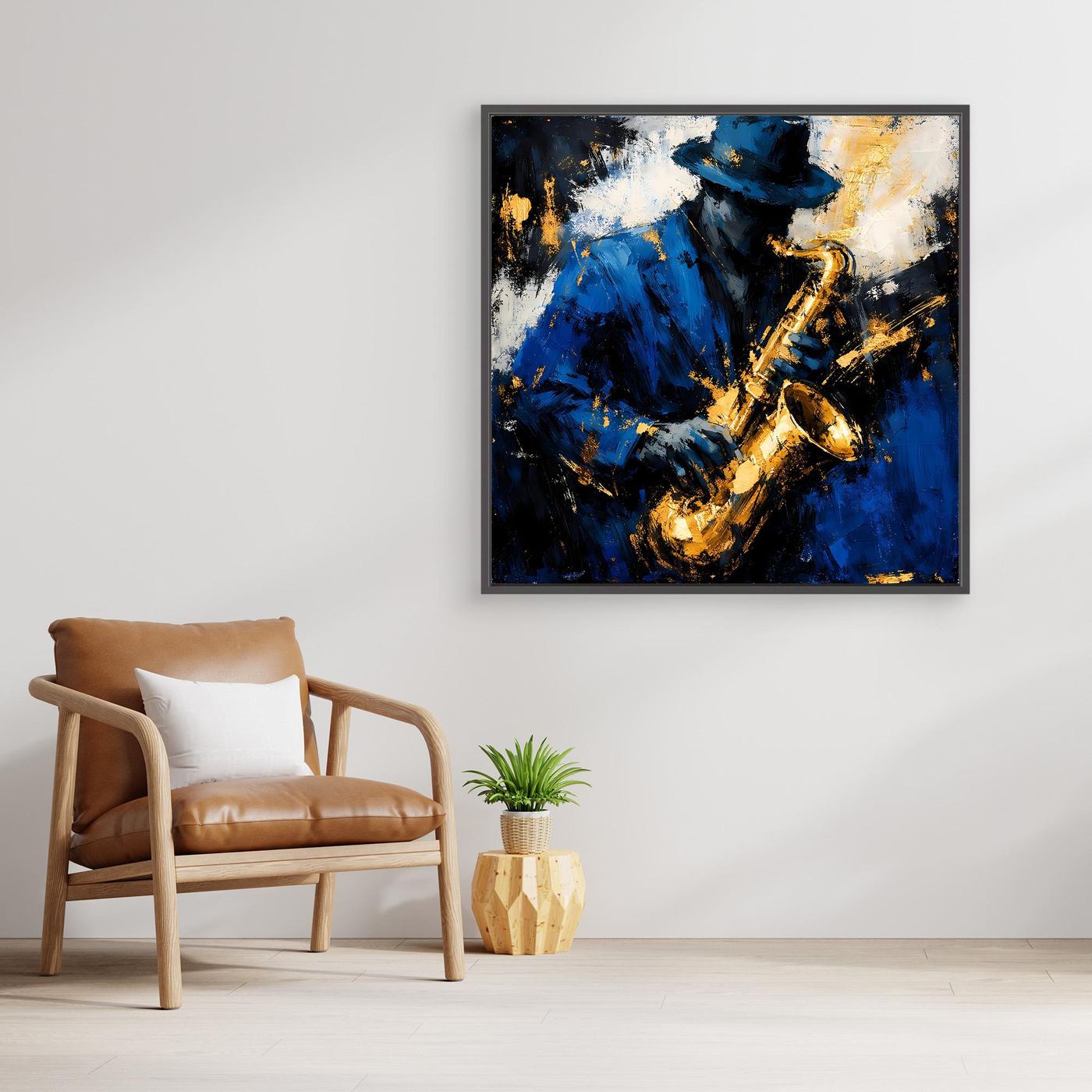 Leinwand Eleganter Jazz-Saxophonist in Blau und Gold | Abstraktes Musik Wandbild