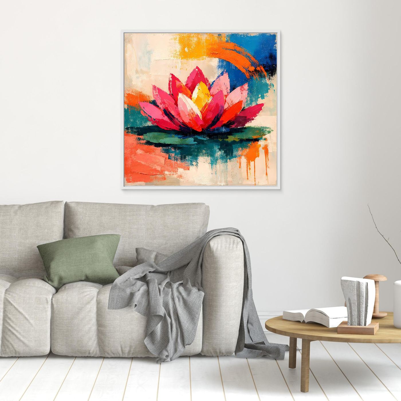 Small unframed abstract lotus painting with pink petals, yellow center, and orange, blue, green paint