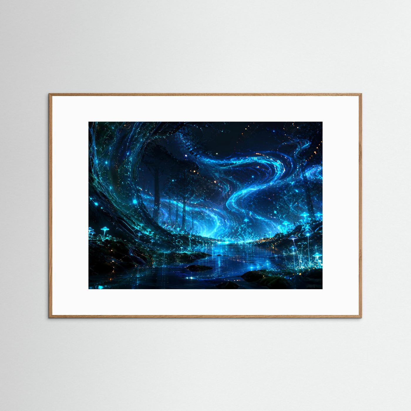 Biolumineszierender Wald Poster | Magischer Leuchtwald Wandbild | Fantasie Natur Landschaft | Mystischer Nachtwald | Premium Leinwand Wall Art