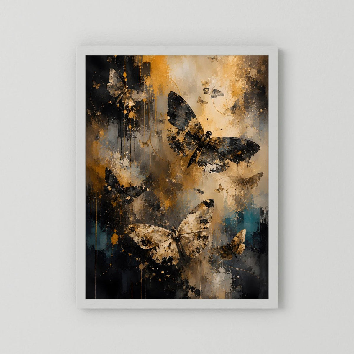 Wandbild mit abstrakten Schmetterlingen, weißer Rahmen, Schwarz-Gold mit blauen Details