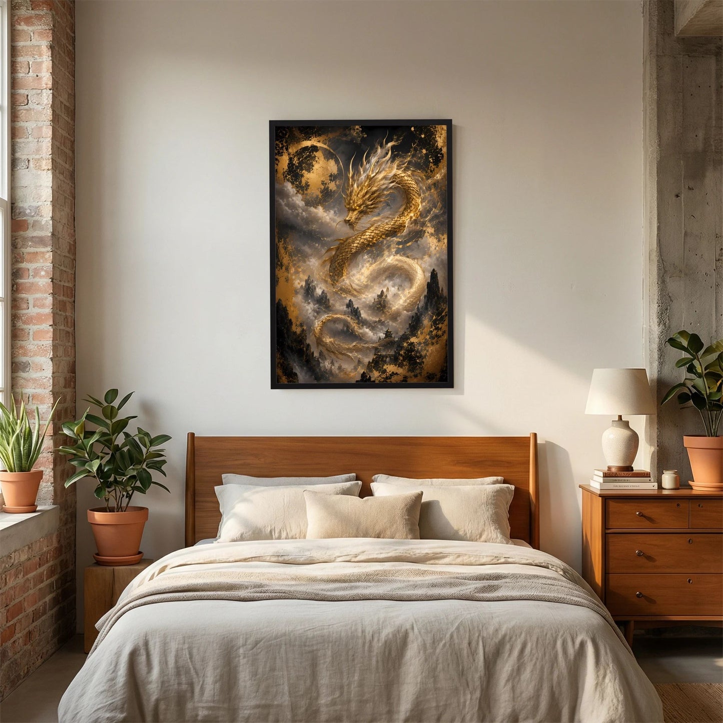 Gerahmtes Hochformat-Poster mit goldenem Drachen, Wolkenschlingen und Bergspitzen