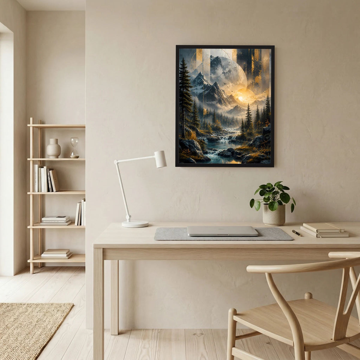 Gerahmtes Poster mit Bergtal, Fluss und goldener Sonne im dramatischen Farbverlauf