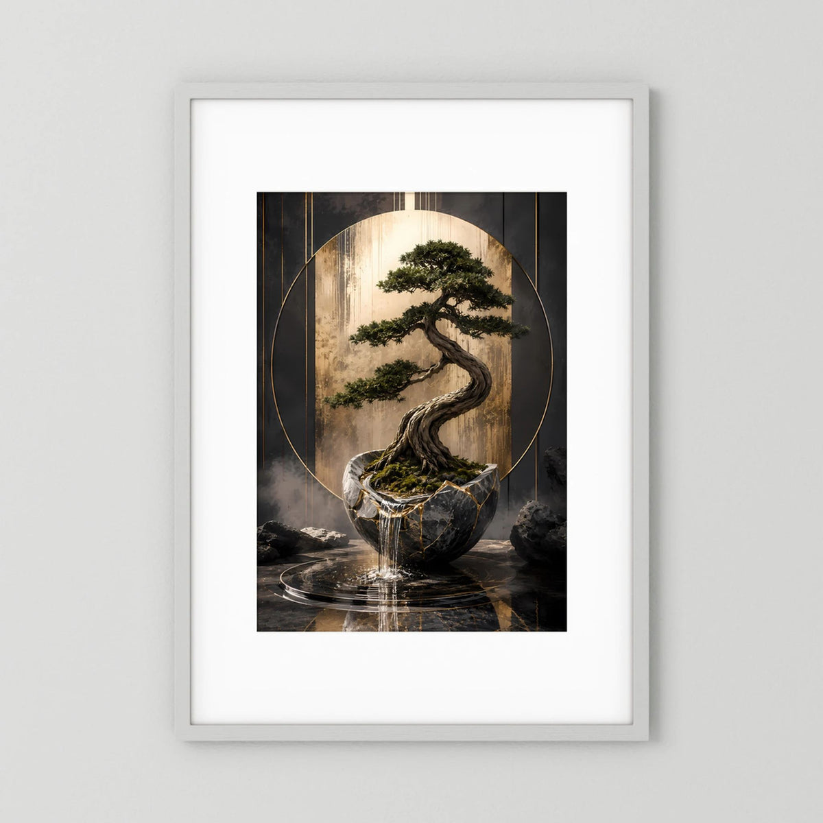 Gerahmtes Poster mit Zen-Bonsai im dunklen Keramiktopf, ovales Goldlicht, schwarz-gold