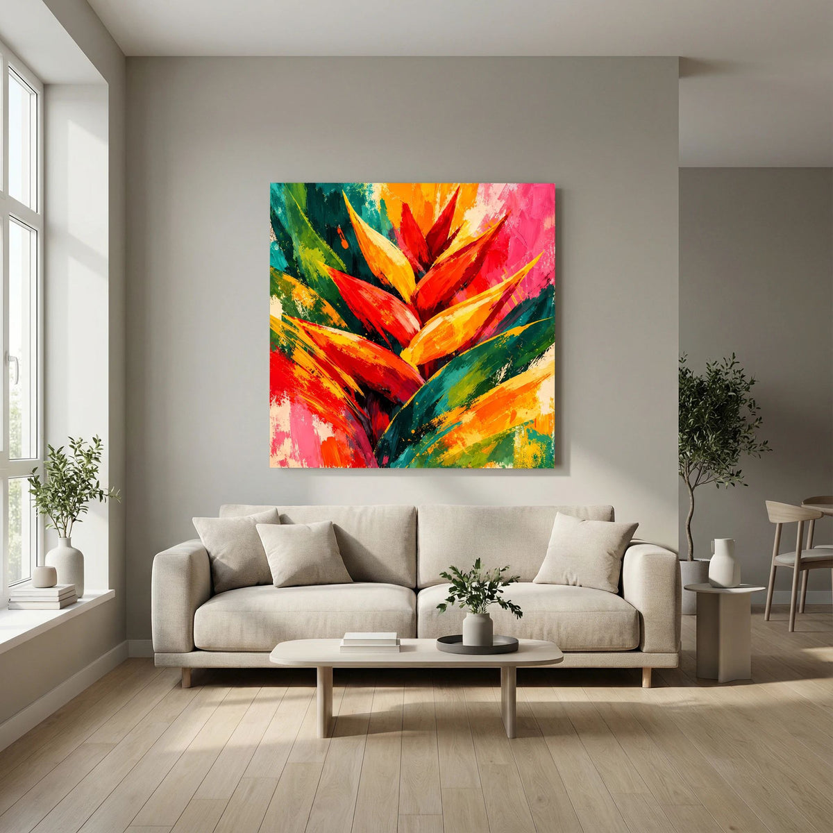 Leinwand Abstrakte Helikonie Blüte | Modernes Tropen Wandbild Bunt Exotisch