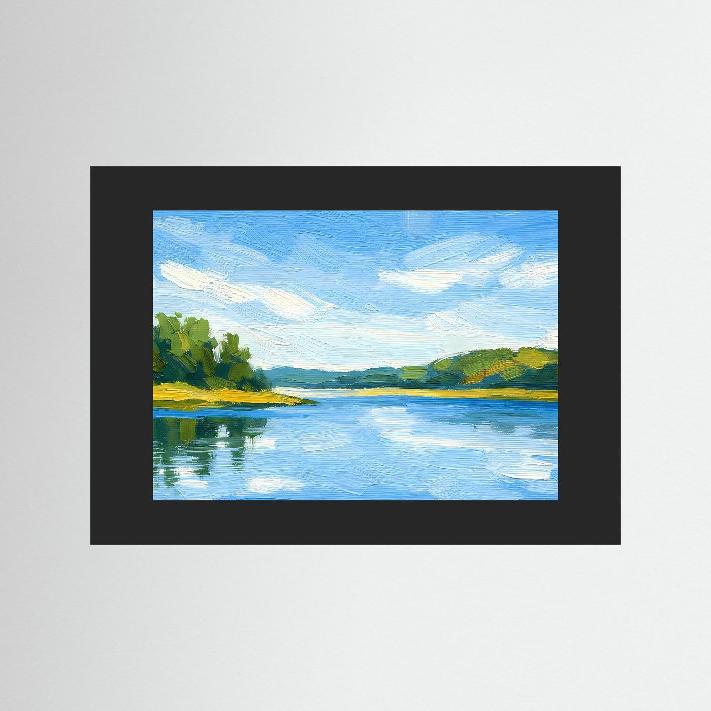 Landschafts-Wandbild mit See, Himmel und Wiesen, schwarzer Rahmen über weißem Rand