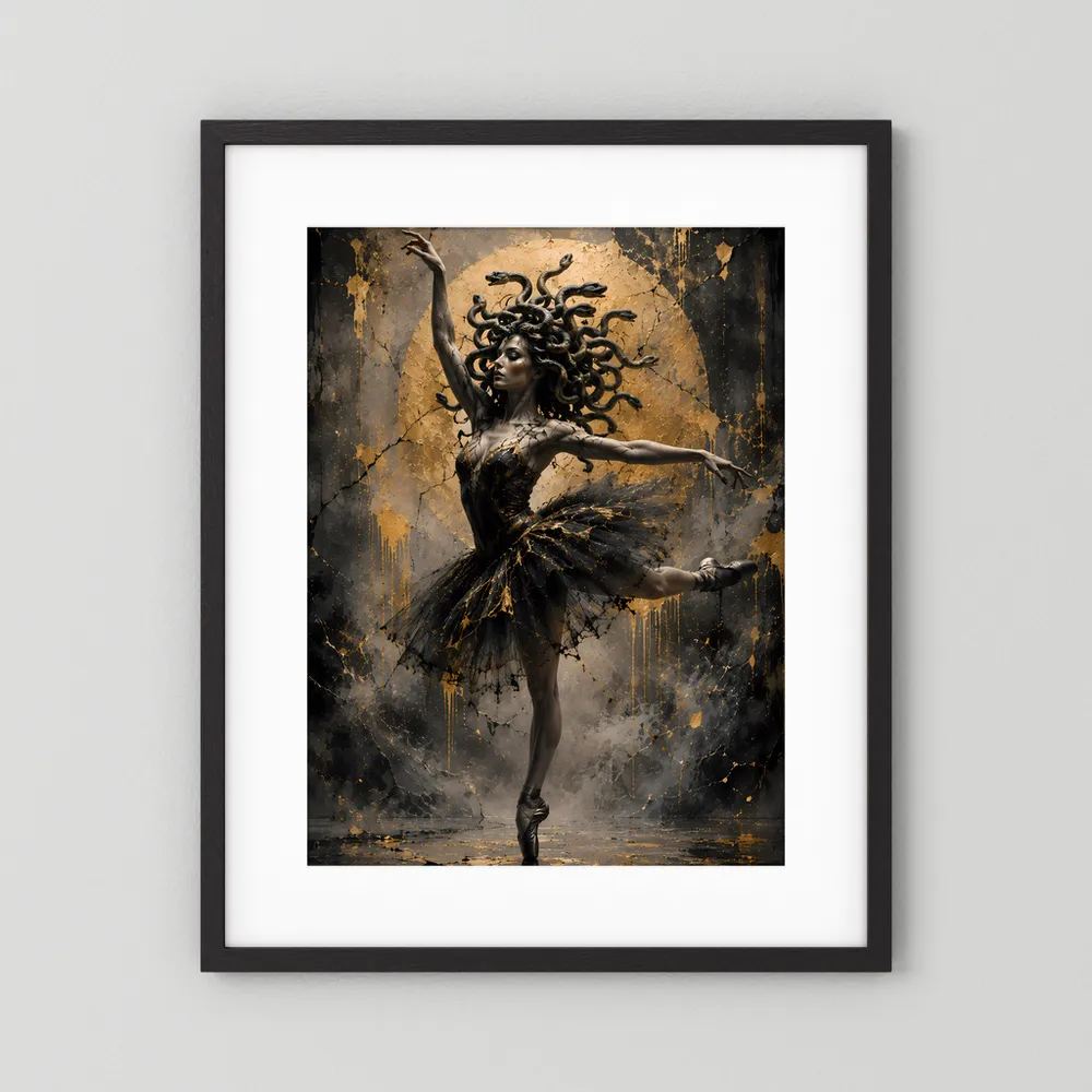Hochformat-Poster mit schwarzem Rahmen und weißem Rand: tanzende Ballerina, Schwarz-Gold