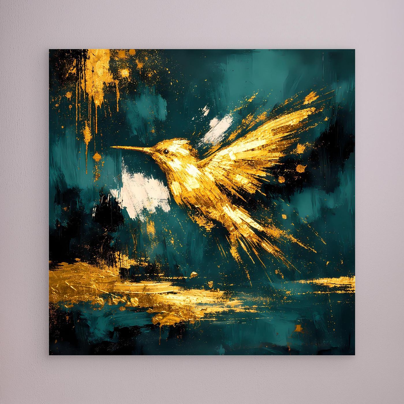 Leinwand Goldener Kolibri im Flug | Abstraktes Modernes Vogel Wandbild Kunst
