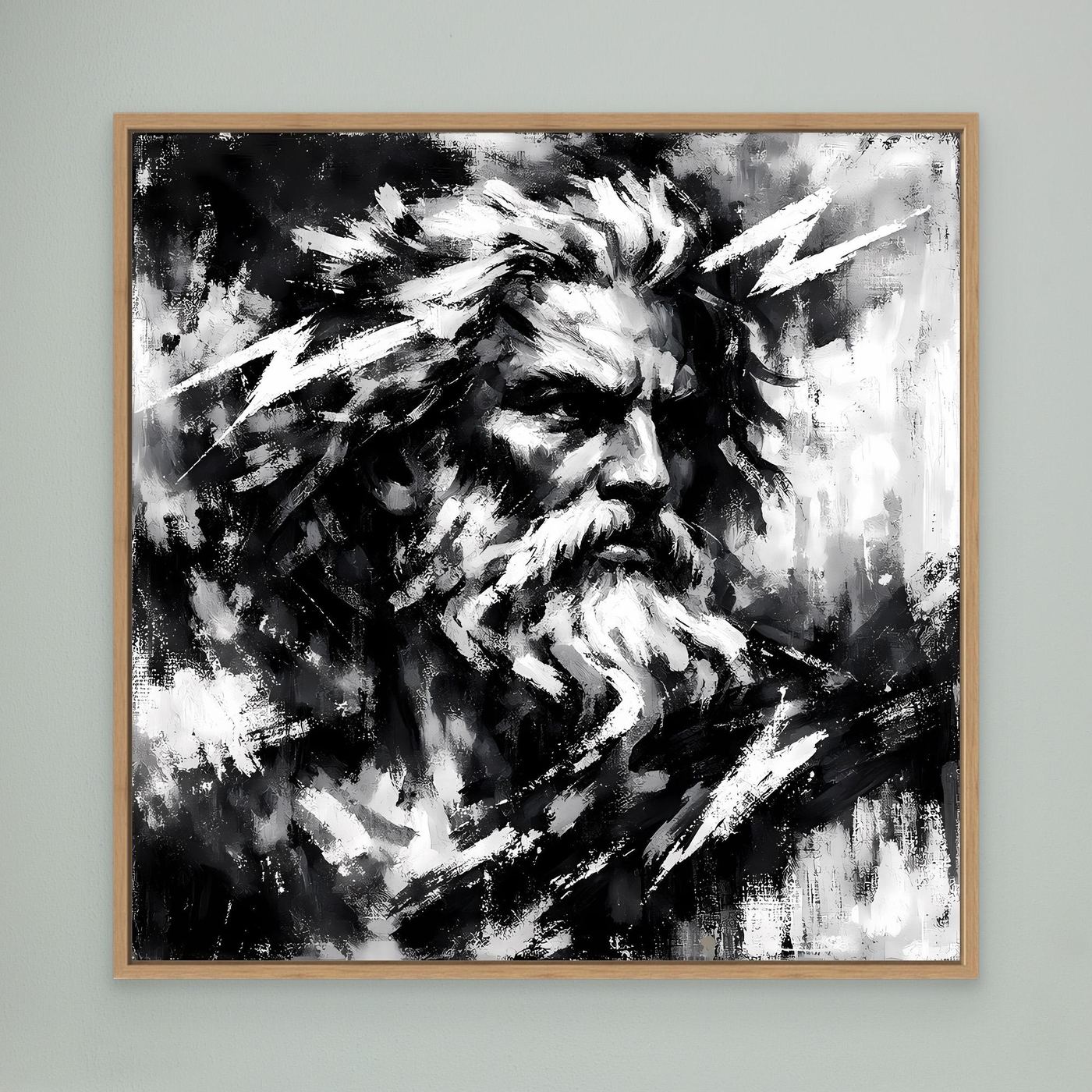 Abstract Zeus wall print in black and white with wood frame and stylized beard