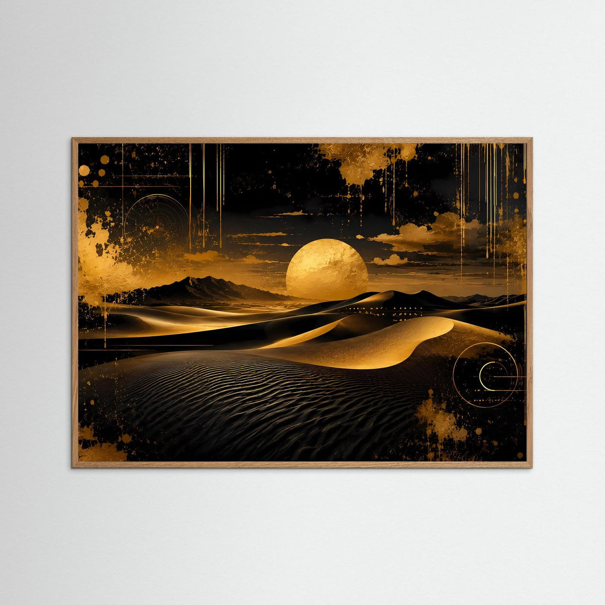 Abstraktes Dünen-Poster im Querformat, rosafarbenes Rahmenholz, goldene Sandlinien
