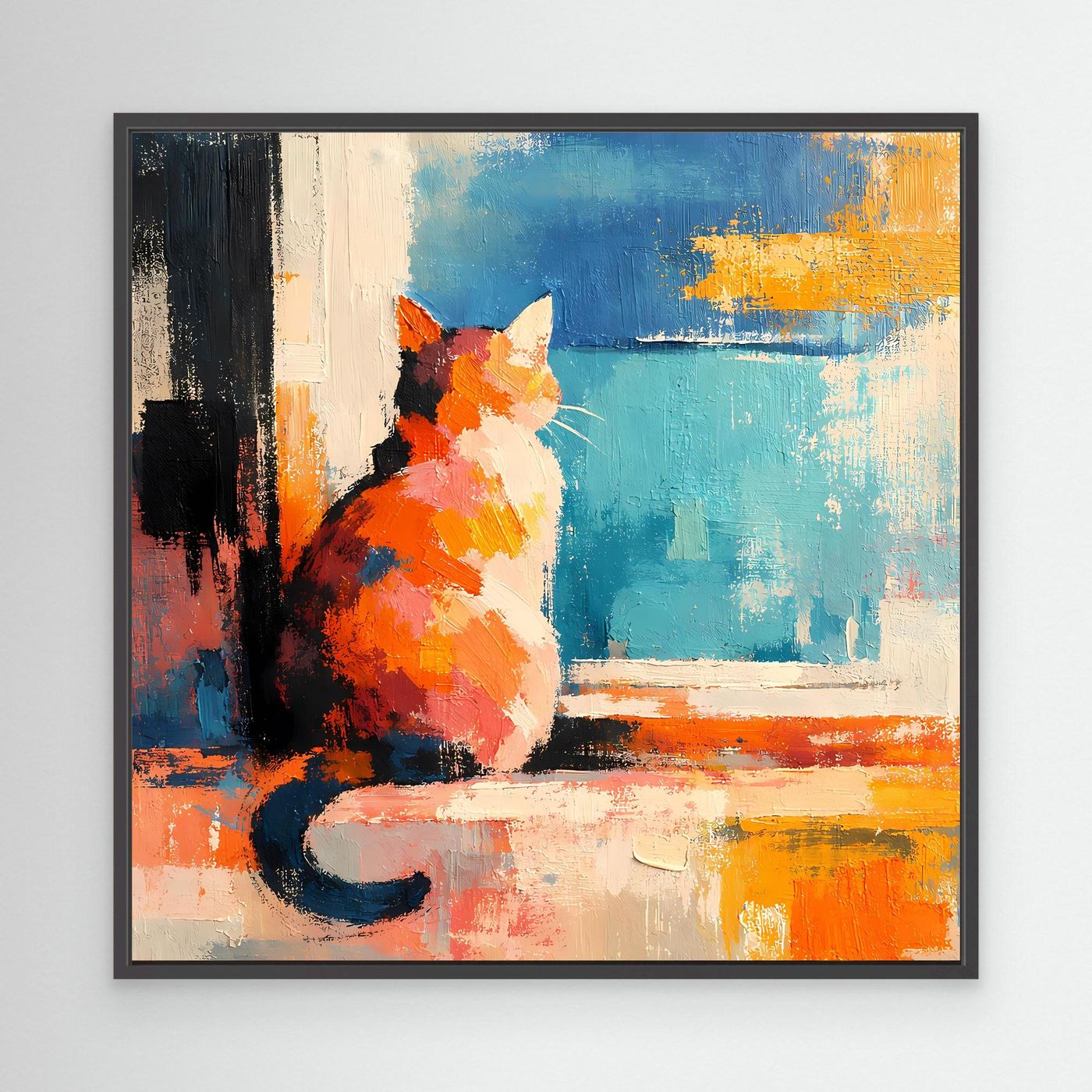 Black-framed canvas wall art of a colorful orange cat by a window