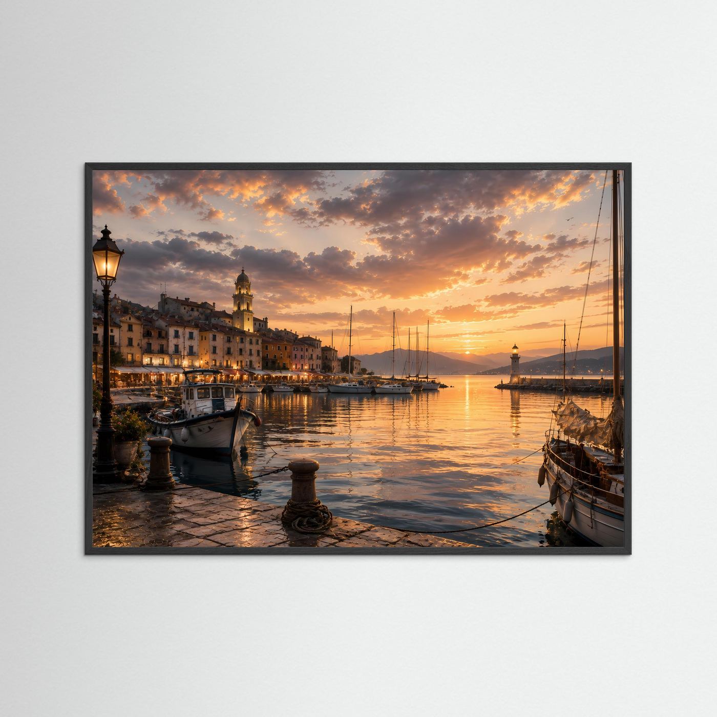 Querformat-Poster mit Hafenmotiv bei Sonnenuntergang im schwarzen Rahmen