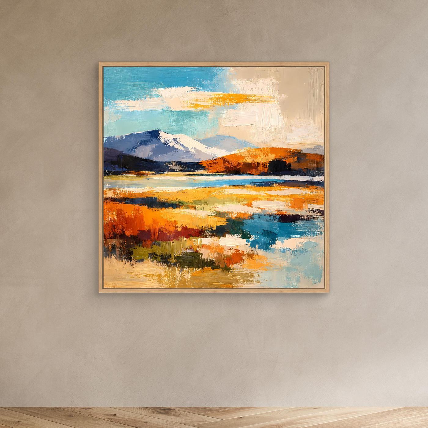 Leinwand-Wandbild mit abstrakter Berglandschaft, Blau-Orange Akzente, Eichenrahmen