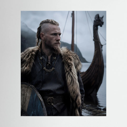 Wikinger-Krieger-Poster: nordischer Seefahrer mit Pelzumhang und Schild vor Drachenschiff