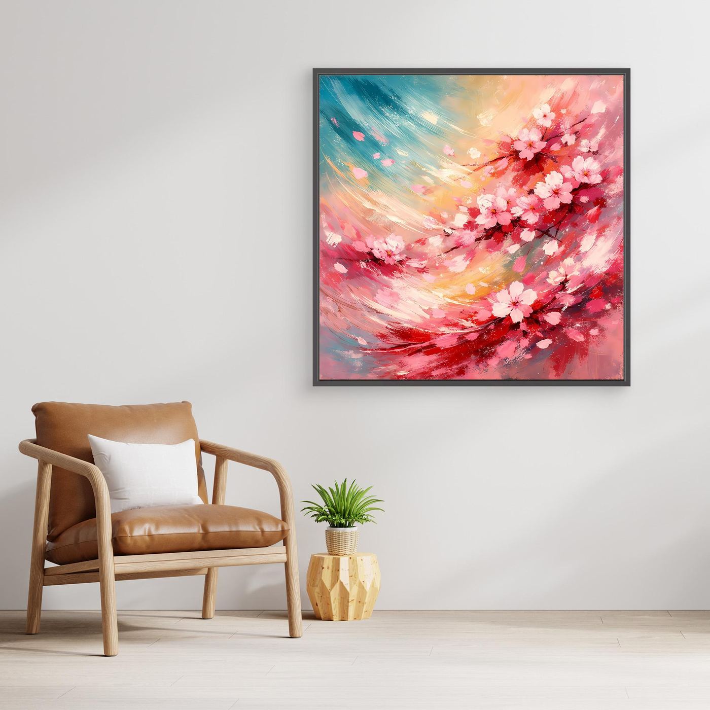Leinwandbild mit abstrakten Kirschblüten in Rosa und Blau, im schwarzen Rahmen