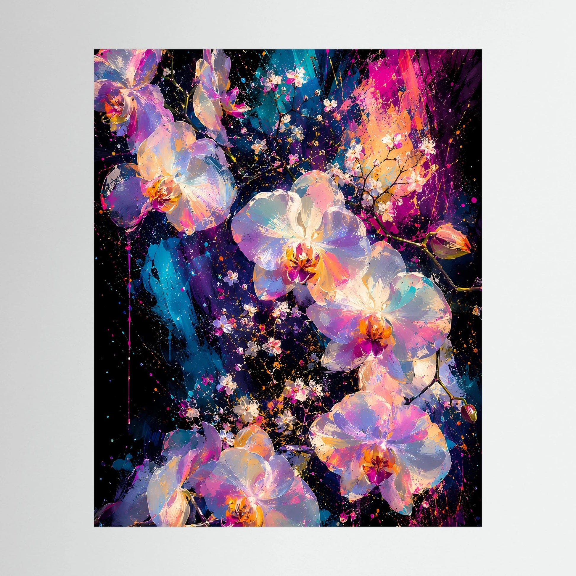 Blumenposter mit abstrakten Orchideen in Rosa, Türkis und Gold auf dunklem Grund, hochformatig