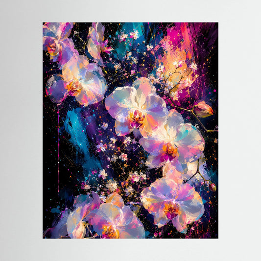 Blumenposter mit abstrakten Orchideen in Rosa, Türkis und Gold auf dunklem Grund, hochformatig
