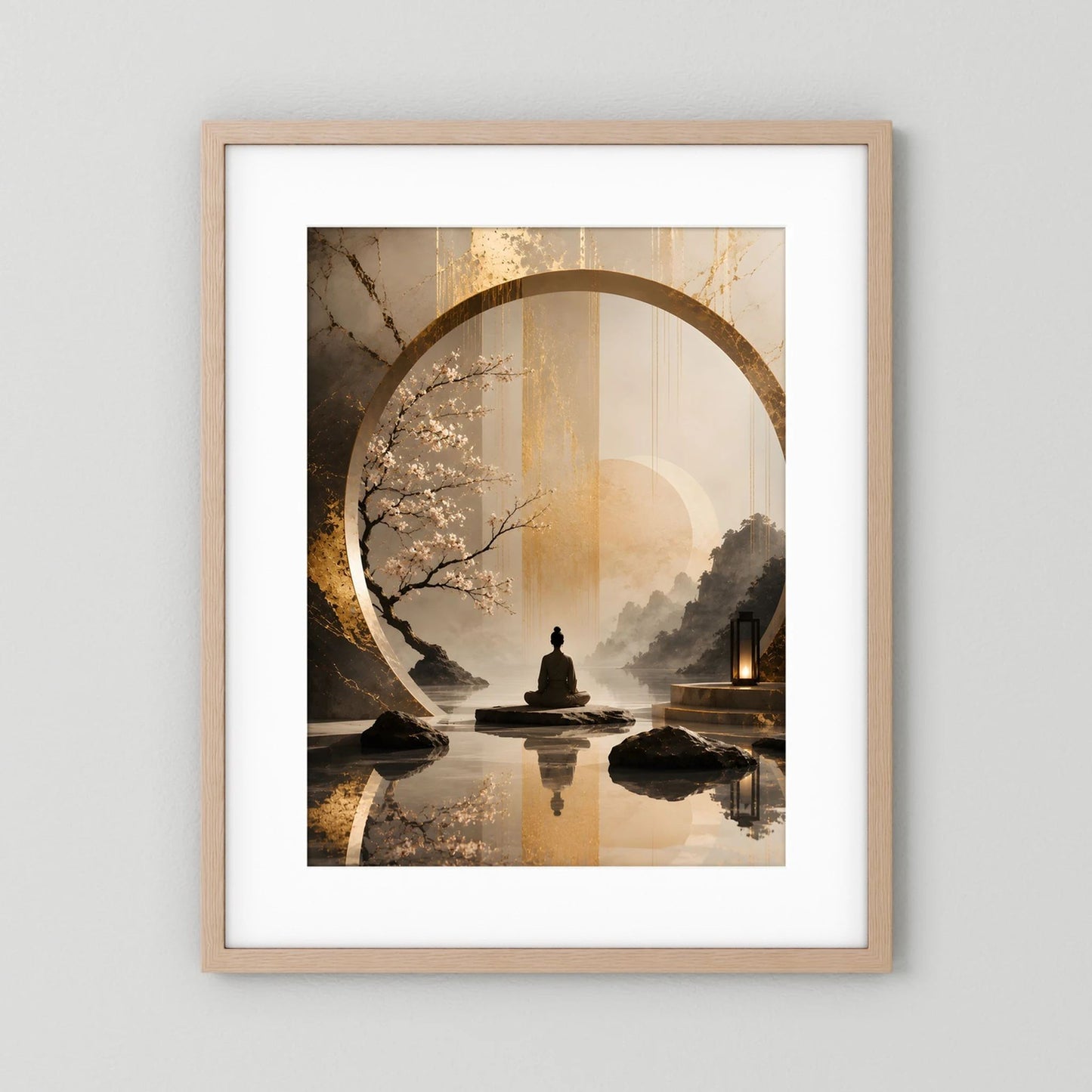 Zen-Kunstposter im goldenen Kreis mit sitzender Figur und Kirschblüten, Beige, Holzrahmen hell