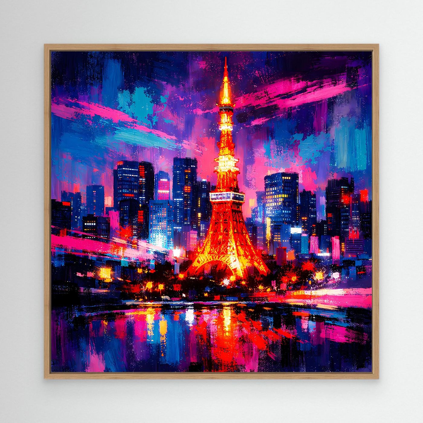 Leinwand-Wandbild Skyline mit Eiffelturm in leuchtenden Farben, Eichenrahmen