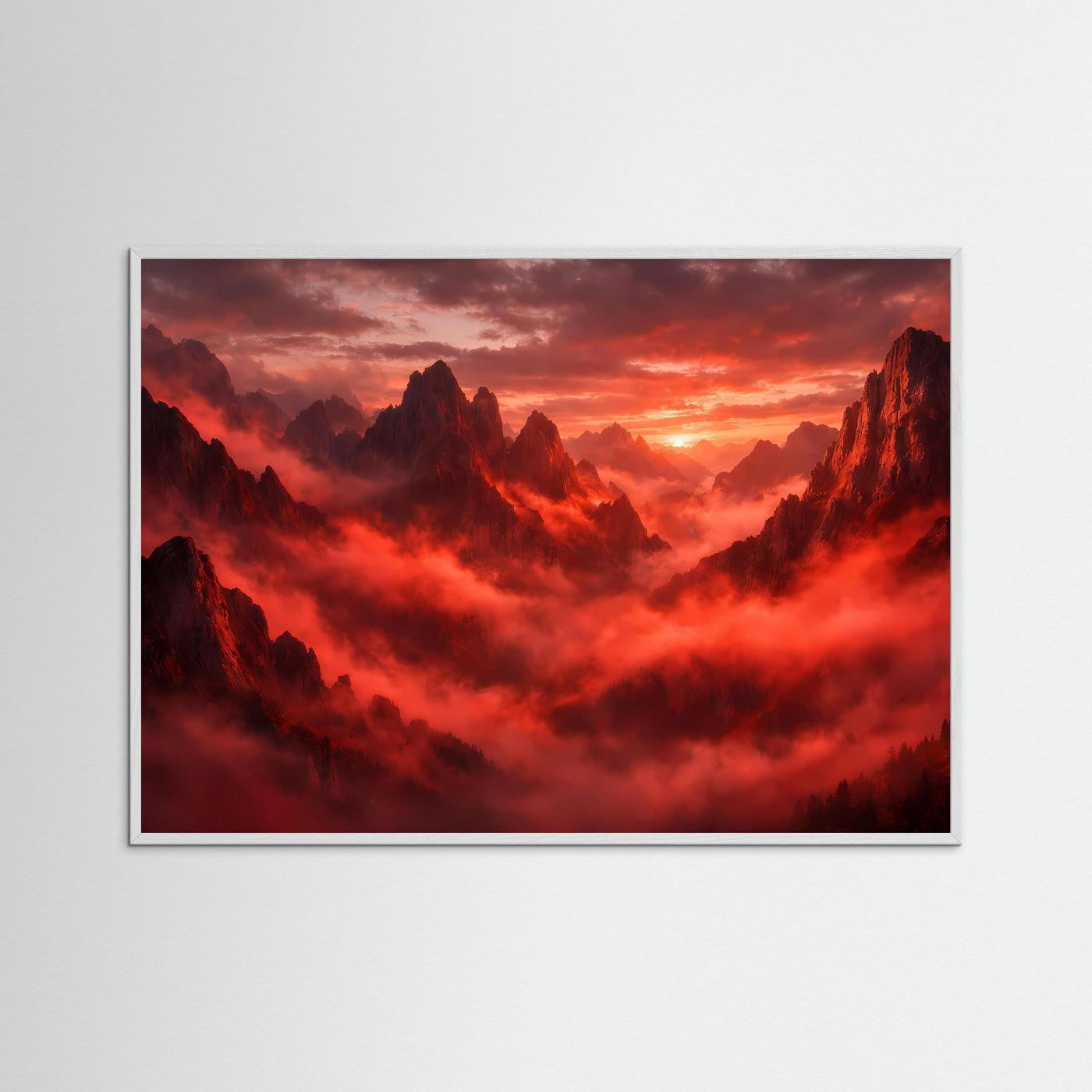 Wandbild: rote Berge mit Nebel bei Sonnenuntergang, grauer Holzrahmen