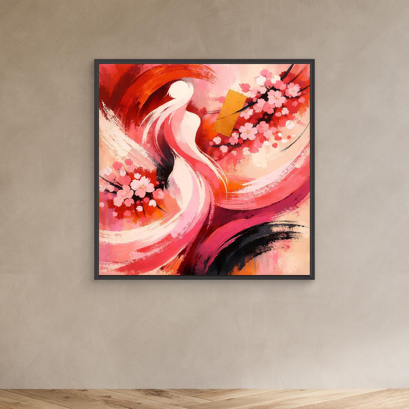 Abstraktes Wandbild mit schwarzem Rahmen: Kirschblüten, weiße Frauensilhouette, rote und rosa Pinselstriche