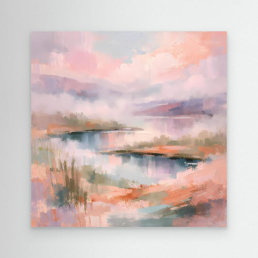 Abstraktes Leinwand-Wandbild mit Pastell-See und Ufer, ohne sichtbaren Rahmen