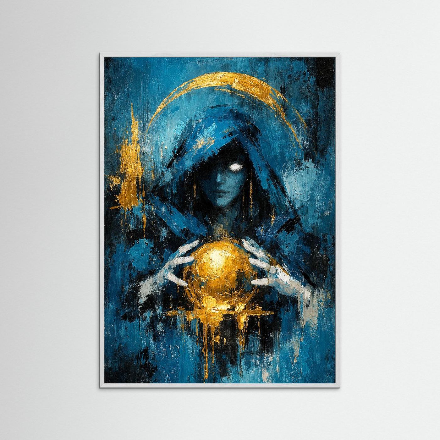 Mystisches Fantasy-Poster im dunklen Rahmen: blaue, verhüllte Figur mit goldenem Kelch