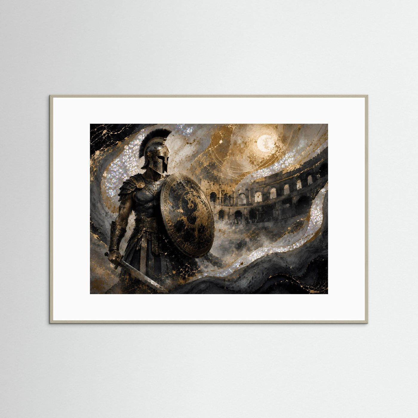 Poster mit römischem Gladiator in dunkler Rüstung, Schild in Gold, im grauen Rahmen mit weißem Rand.